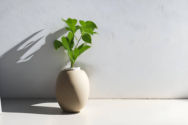 Modern white vase with green plant on stone counter table with free and empty space for product display 