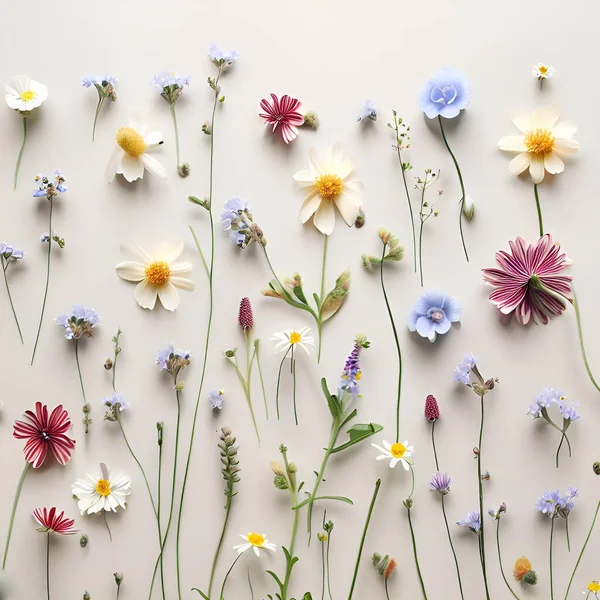 Várias Flores Silvestres Deitado Sobre Fundo Branco Neutro Exibição Plana Fotos De Bancos De Imagens