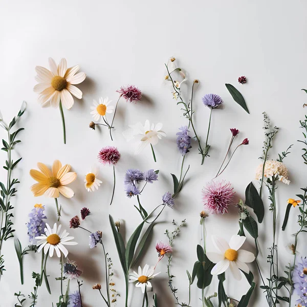 Várias Flores Silvestres Deitado Sobre Fundo Branco Neutro Exibição Plana Imagens De Bancos De Imagens