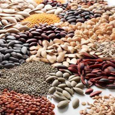 Tarafsız beyaz arkaplanda çeşitli tohumlar