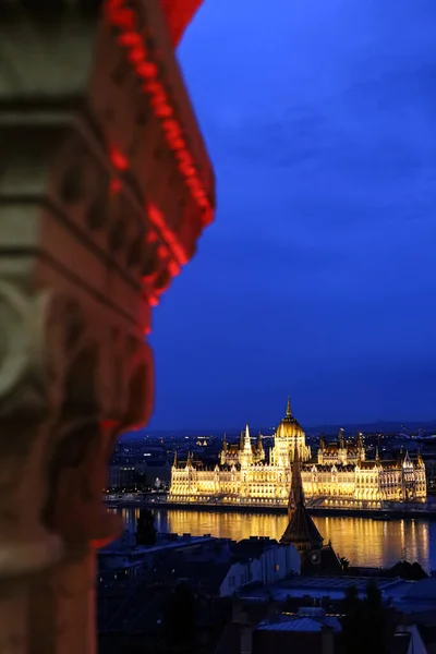 Vista Nocturna Del Edificio Del Parlamento Húngaro Budapest Desde Fisherman — Foto de Stock