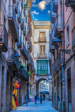 BARCELONA, SPAIN - MARCH 1, 2022: The Gothic Quarter (Catalan: Barri Gotic or El Gotic, Spanish: Barrio Gotico) is the historic centre of the old city. It is a part of Ciutat Vella district.