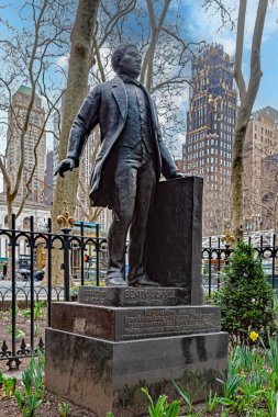 NEW YORK, USA - MARCH 6, 2020: Statue of Jose Bonifacio de Andrada e Silva, known as the Andrada Monument, an outdoor bronze sculpture by Jos Otavio Correia Lima, located at Bryant Park, Manhattan.