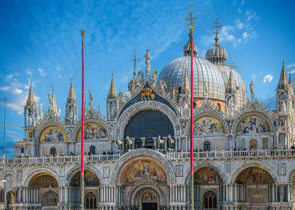 stock image VENICE, ITALY-MARCH 16, 2023: Front view of the Patriarchal Cathedral Basilica of Saint Mark, known as St Mark's Basilica. Built c.829-836, rebuilt c.1063-1094, Styles Byzantine, Romanesque, Gothic.