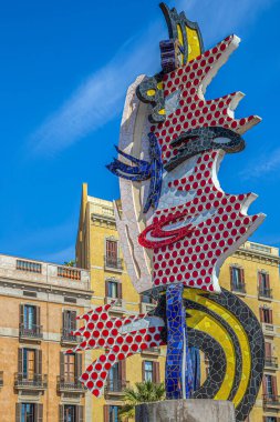 Barcelona, Spain - March 1, 2022: El Cap de Barcelona (The Head of Barcelona) a sculpture of 19,5 m (an abstract rendition of a woman's head) by artist Roy Lichtenstein for the 1992 Summer Olympics.