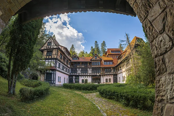 The inner courtyard of the Economat Hotel, a building with 60 rooms built in 1900 in the German Renaissance style and extended in 1908-1909. Part of the Peles castle complex buildings, Sinaia, Romania