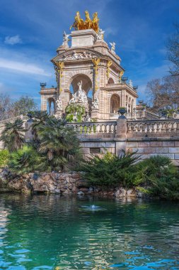 BARCELONA, SPAIN - FEB. 27, 2022: The waterfall building of the Ciudadela Park, known as Gran Cascada or Monumental Waterfall, located in the Ciudadela Park, Old Town. It was built 1875-1888.