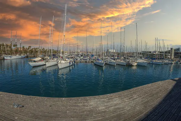 BARCELONA, CATALONIA, SPAIN - MARCH 1, 2022: Port Vell (Old Harbor), a waterfront harbor and part of the Port of Barcelona, with yachts and ship Pailebote Santa Eulalia (Museu Martim de Barcelona).