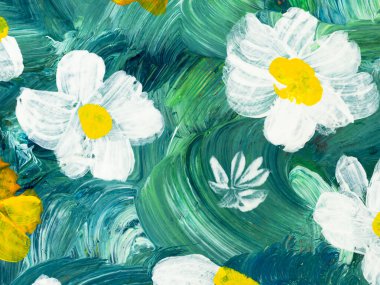 Soyut beyaz çiçekler, orijinal el çizimi, izlenimcilik tarzı, renk dokusu, fırça darbeleri, sanat arka planı. Modern sanat. Çağdaş sanat.