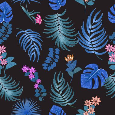 Parlak çiçekli kusursuz desen ve siyah arka planda tropik palmiye yaprakları. Botanik vektör arkaplanı, orman duvar kağıdı.