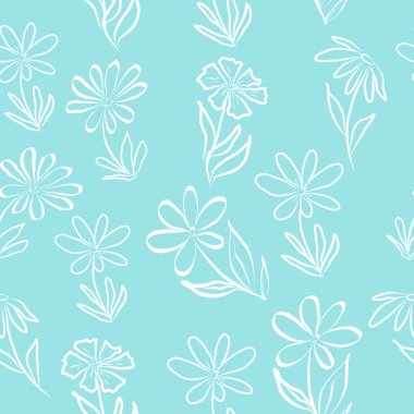 Turkuaz arka planda soyut beyaz çiçekli pürüzsüz bir desen. El çizimi şekiller ve çizgi sanatı. Katılım çizimi, botanik element. 