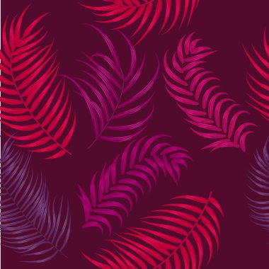 Viva Magenta renginde tropikal palmiye yaprakları olan kusursuz vektör deseni, koyu arkaplan. Yazdırma tasarımı için çiçek desenli illüstrasyon, duvar kağıdı