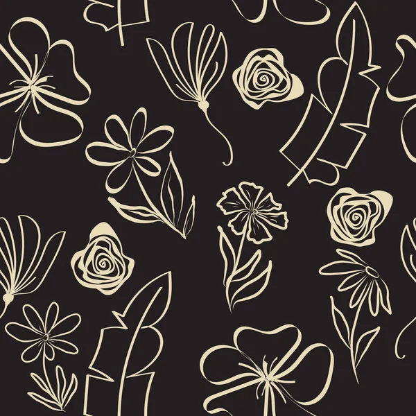 Vector Naadloos Patroon Met Abstracte Beige Bloemen Zwart Met Hand — Stockvector