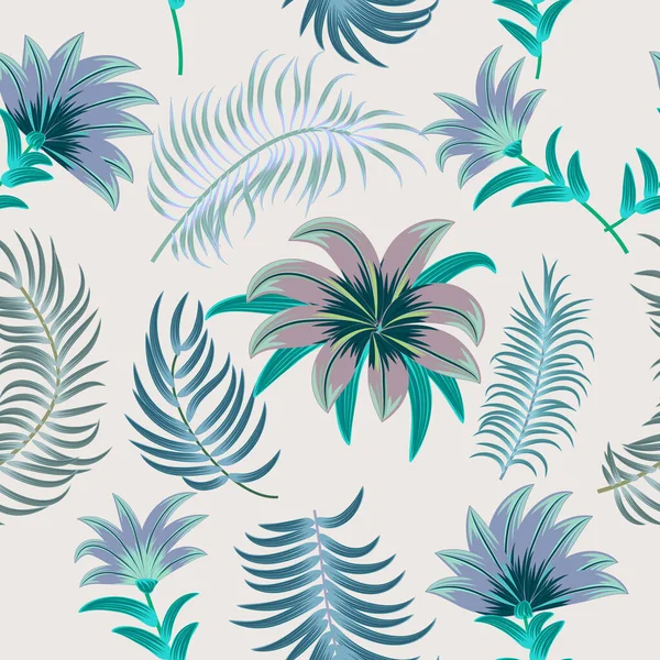 ヤシの木の花や熱帯の葉とシームレスなパターン 植物ベクトル背景 ジャングル壁紙 — ストックベクタ