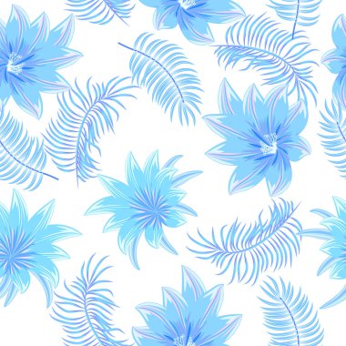 Blue flowers  and palm trees leaves seamless pattern, vector tropical jungle background for fabric, textiles, wedding, invitation cards,greeting cards, print.