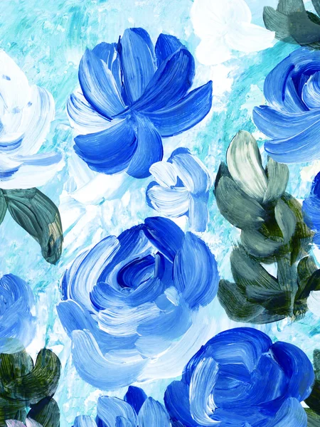 Abstract blue flowers, original hand drawn, impressionism style, color texture, brush strokes of paint,  art background.  Modern art. Contemporary art.