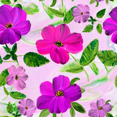 Seamless pattern of abstract pink  flowers, art painting, creative hand painted background, original hand drawn, impressionism style, color texture, brush strokes of paint, acrylic. Modern art. Contemporary art.