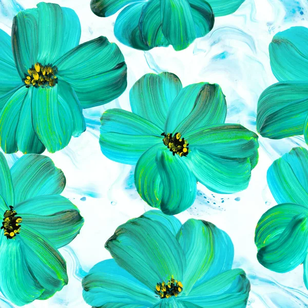 Seamless pattern of abstract turquoise  flowers, art painting, creative hand painted background, original hand drawn, impressionism style, color texture, brush strokes of paint, acrylic. Modern art. Contemporary art.