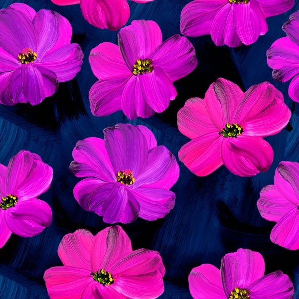 ダークで抽象的なピンクの花のシームレスなパターン オリジナルの手描き 印象派スタイル 色の質感 塗料のブラシストローク アートの背景 現代美術 現代美術 — ストック写真