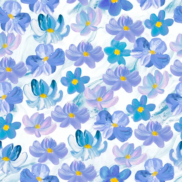 Nahtloses Muster Abstrakter Blauer Blumen Kunstmalerei Kreativer Handbemalter Hintergrund Pinselstruktur — Stockfoto