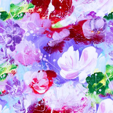 Soyut pembe çiçeklerin kusursuz deseni, orijinal el çizimi, izlenimcilik stili, renk dokusu, fırça darbeleri, sanat arkaplanı. Modern sanat. Çağdaş sanat.