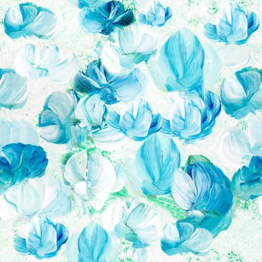 Seamless pattern of abstract blue flowers, original hand drawn, impressionism style, color texture, brush strokes of paint,  art background.  Modern art. Contemporary art.