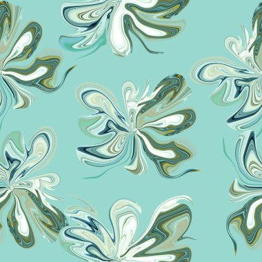 Yeşil ve altın çizgili kusursuz desenli dekoratif çiçekler, yaratıcı el boyası arka plan, fırça dokusu. Modern sanat. Çağdaş sanat.