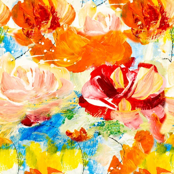 Patrón Sin Costuras Pintura Abstracta Flores Rojas Dibujado Mano Original —  Fotos de Stock