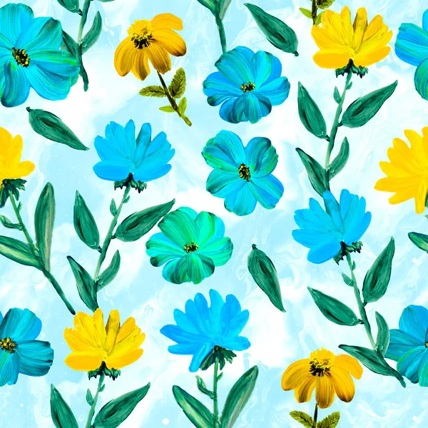 Nahtloses Muster Abstrakter Blauer Und Gelber Blumen Kunstmalerei Kreativer Handbemalter — Stockfoto