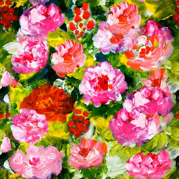 Sömlös Mönster Abstrakt Målning Röda Och Rosa Blommor Original Handritade — Stockfoto