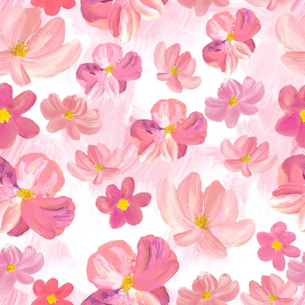 Seamless Pattern Abstract Pink Flowers Original Hand Drawn Impressionism Style — Stock Photo, Image