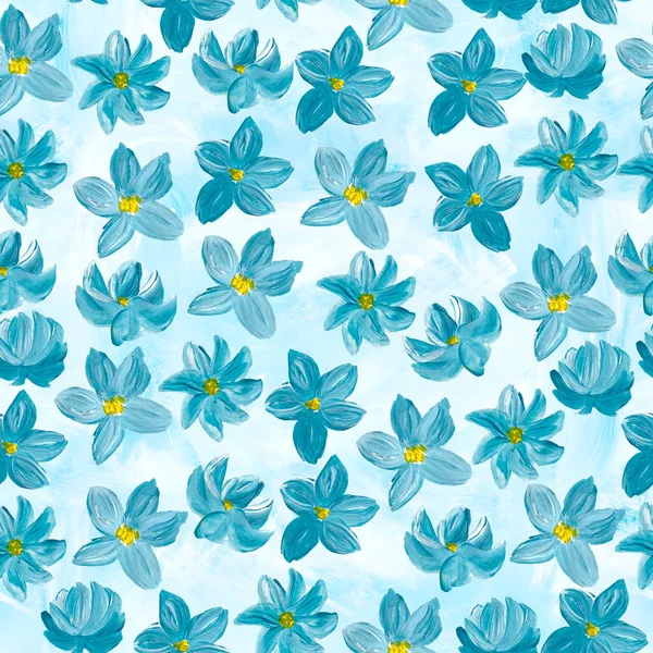 Seamless Pattern Abstract Painting Blue Flowers Original Hand Drawn Impressionism — Stockfoto
