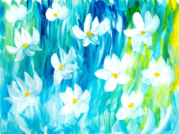 stock image Abstract white flowers on blue , original hand drawn, impressionism style, color texture, brush strokes of paint,  art background.  Modern art. Contemporary art.