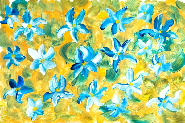 Abstract  blue flowers, original hand drawn, impressionism style, color texture, brush strokes of paint,  art background.  Modern art. Contemporary art.