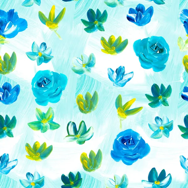 Seamless Pattern Abstract Painting Blue Flowers Original Hand Drawn Impressionism —  Fotos de Stock