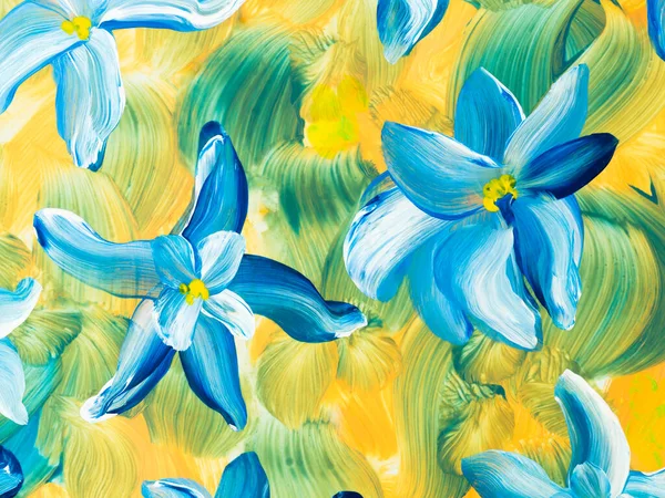 Abstract  blue flowers on yellow and green, original hand drawn, impressionism style, color texture, brush strokes of paint,  art background.  Modern art. Contemporary art.