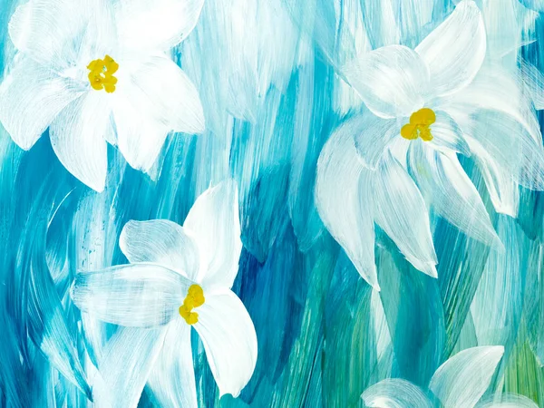 Abstract white flowers on blue, original hand drawn, impressionism style, color texture, brush strokes of paint,  art background.  Modern art. Contemporary art.