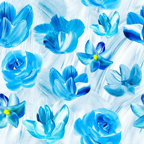 Seamless pattern of abstract blue flowers, art painting, creative hand painted background, brush texture, acrylic painting on canvas. Modern art. Contemporary art.