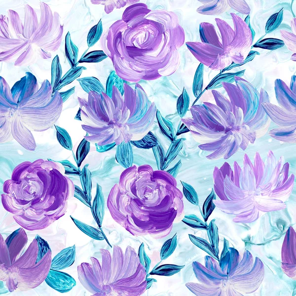 Seamless Pattern Abstract Painting Purple Flowers Original Hand Drawn Impressionism — Stockfoto