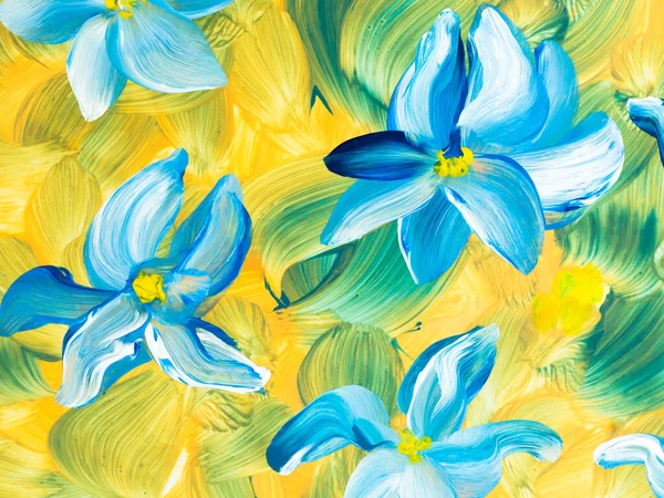 Abstract blue flowers on yellow and green, original hand drawn, impressionism style, color texture, brush strokes of paint,  art background.  Modern art. Contemporary art.