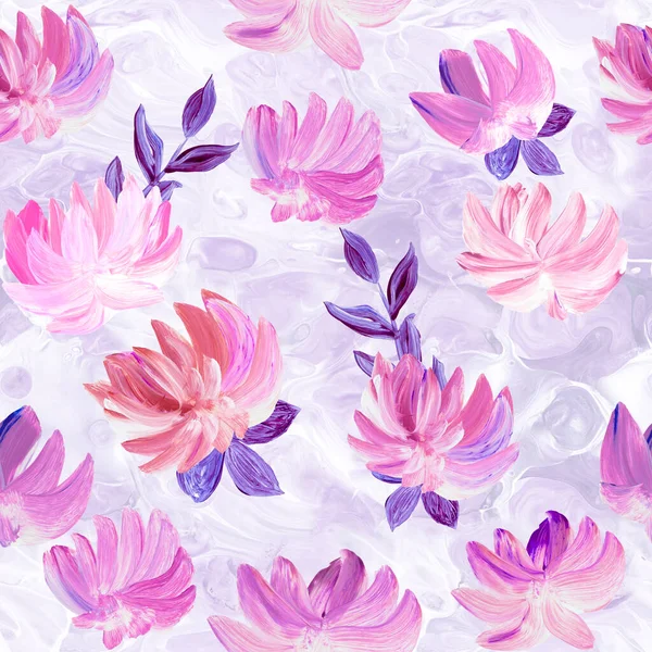 Απρόσκοπτη Μοτίβο Αφηρημένα Ροζ Λουλούδια Και Μοβ Φύλλα Πρωτότυπο Χέρι — Φωτογραφία Αρχείου
