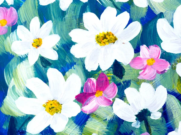 Abstrakte Weiße Und Rosa Blüten Auf Blauem Grund Original Handgezeichnet — Stockfoto