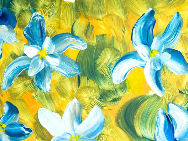 Abstract blue flowers on yellow and green, original hand drawn, impressionism style, color texture, brush strokes of paint,  art background.  Modern art. Contemporary art.