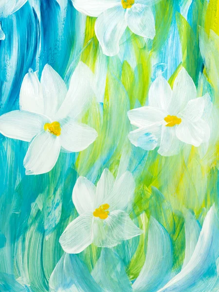 Abstract white flowers on blue and green, original hand drawn, impressionism style, color texture, brush strokes of paint, art background.  Modern art. Contemporary art.