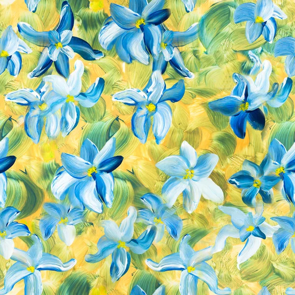 Seamless pattern of abstract blue flowers, original hand drawn, impressionism style, color texture, art painting, creative hand painted art background, brush texture, acrylic. Modern art. Contemporary art.