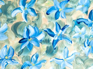 Abstract blue flowers, original hand drawn, impressionism style, color texture, brush strokes of paint,  art background.  Modern art. Contemporary art.