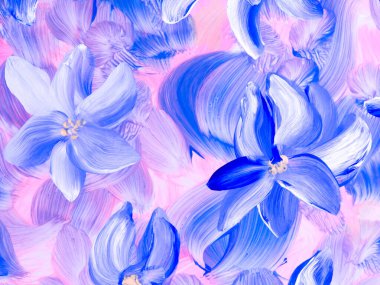 Abstract blue flowers, original hand drawn, impressionism style, color texture, brush strokes of paint,  art background.  Modern art. Contemporary art.