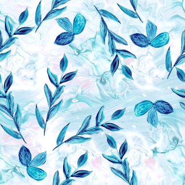 Soyut mavi resim yapraklarının kusursuz deseni, orijinal el çizimi, izlenimcilik stili, renk dokusu, fırça darbeleri, sanat arka planı. Modern sanat. 