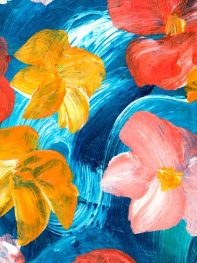 Mavi üzerine kırmızı ve sarı çiçekler, soyut resim, orijinal el çizimi, izlenimcilik stili, renk dokusu, fırça darbeleri, sanat arka planı. Modern sanat. Çağdaş sanat.