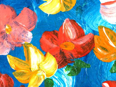 Soyut kırmızı çiçekler, orijinal el çizimi, izlenimcilik stili, renk dokusu, fırça darbeleri, sanat arka planı. Modern sanat. Çağdaş sanat.